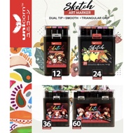 UNICORN ART MARKER - 12 / 24 Colours Sketch Art Marker Pen Set Dual Tip (Vibrant / Dual Tip / Triang