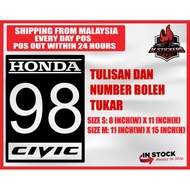 [M STICKERS] HONDA CIVIC RACE NUMBER SIDE DOOR STICKER HONDA CIVIC FB FC FB EG EK TYPE R MUGEN STAY HUMBLE