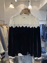 Áo Sơ Mi Nữ Dáng Rộng Màu Đen Thời Trang Thu Đông Mới Về Áo Sơ Mi Dài Tay Cổ Tròn Kiểu Pháp Ren Kết 