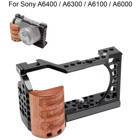 PULUZ Wood Handle Metal Camera Cage Stabilizer Rig For Sony A6400 A6300 A6100 A6000