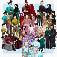 KARTUN FAMILY RAYA UNTUK CETAK KAD RAYA DAN SAMPUL RAYA | LUKISAN | PRINTABLES