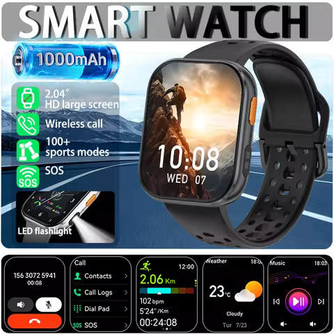 2026 New smart watch 1000mAh 2.04 inch HD screen all day health heart rate detection 100+ sports IP6