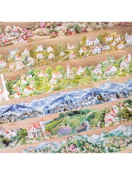 1 Roll 78.74inch(200cm) Mountain Village Series PET Stickers On Roll Cutting Decor Collage Card Mate