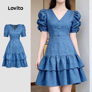 Lovito Elegant Dress Zipper Ruffle Hem Button Front Spring/summer Blue Dress for Women L184LD613 Lov