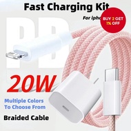 PD 20W/60W Braided Fast Charging Cable and Charger Set for iPhone 6-14 and iPad Set Kabel Pengecas P