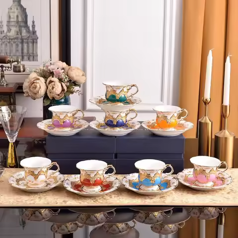 European Style Porcelain Coffee Cup And Saucer Set Luxury Palace Gilded Design Fine Bone China Singl