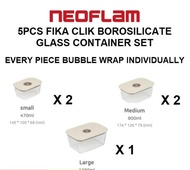 Neoflam Fika Klik Borosilicate Glass Container Set 5pcs (470ml x 2 + 800ml x 2 + 1380ml x 1)