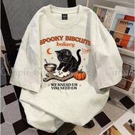SUKISILK Women Black Cat Bakery Print Halloween Spooky Pumpkin Graphic Casual Top tk869