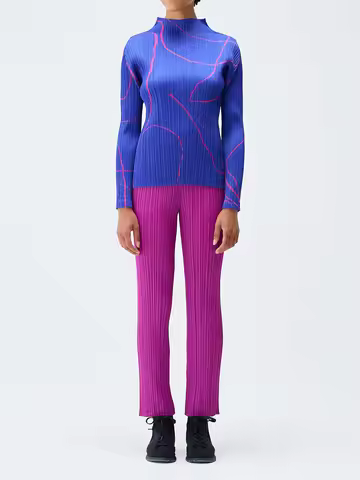 Miyake Pleated Long Sleeved Turtleneck line Printed Pattern Top Causal T-shirt