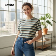Lovito T-shirt Kasual Jalur Sisi Ringkas Musim Bunga/Panas untuk Wanita L155ED633