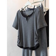 Fake Two-Piece Gray V-Neck Genuine Shoulder Short-Sleeved T-Shirt Women Summer Plus Size Fat mm Loos