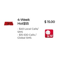 Singtel Prepaid $15 / Hot $55 (IDD $15/ Local $40)/(28 Days) Top Up / Renew / Recharge