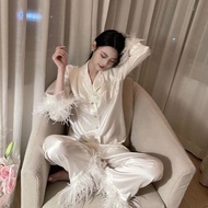 2023 Feather Sleeve Pajamas Women Spring Autumn Style Ice Silk Satin Camelbird Feather Long-Sleeved 