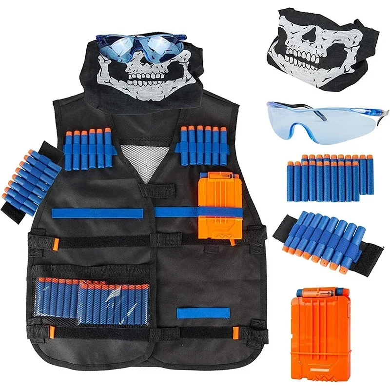 Kids Tactical Vest Kit for Nerf Toy Guns Series with Refill Darts Reload Clips Tactical Mask Wrist Band and Protective Glasses