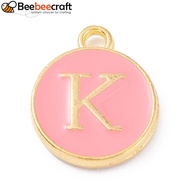 20pcs Golden Alloy Enamel Enamelled Sequins Flat Round with Alphabet Letter.K Pink 14x12x2mm Hole: 1
