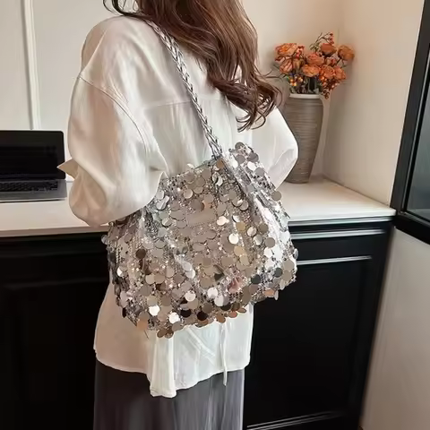 New Sparkling Sequin Shoulder Bags Bling Bling Sequins Large Capacity Tote Bag Women Zipper Closure 