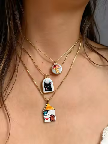 Peri'sbox Printing Cartoon House Cat Painting Pendant Women's Necklace Waterproof Stainless Steel Bi