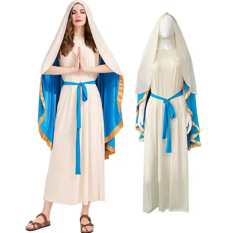 Women's Ancient Greek Athens Princess Robe Dress, Virgin Mary Cosplay Style with Shawl Hat Bag Hallo