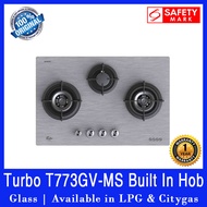 (BULKY) Turbo T773GV-MS Built In Hob. 77cm 3 Burner Hob. With Safety Valve. Available in LPG (Cylinder) and PUB (Town Gas / City Gas / Piped In Gas). Safety Mark Approved. (Glass)