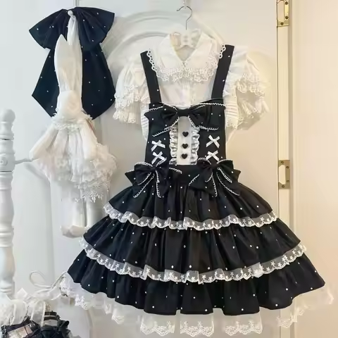 Japanese Kawai Lolita Style Jsk Dress Women Sweet Polka Dot Print Lace Patchwork Bow Strap Dresses Y