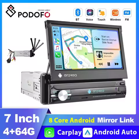 Podofo 7'' Retractable Screen Android 1din Car Radio Carplay Universal MP5 Player Auto Radio Stereo 
