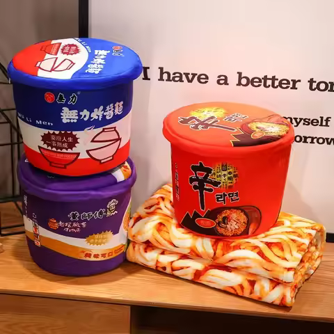 21x21x26cm Cup Noodle Plush Pillow Instant Noodle Bucket with Flannel Blanket 2-in-1 Car Nap Pillow 