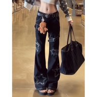 Chuan Chuan Chuan American Style Wide Leg Jeans with Star Pattern Fringe for Women