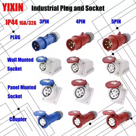 MN Industrial Plug and Socket 16A 32A 3 pin 4 pin 5 pin ip44 Wall Mounted Socket Panel Mounted Coupl