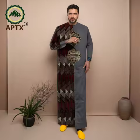 APTX Men's Muslim Fashion Jubba Thobe Robe Single-Breasted Loose Fit Embroidered Casual Wedding Chur