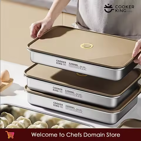 COOKER KinG Dumplings Tray Stainless Steel Food Storage Container Rectangle Dish with Cover Thick Re