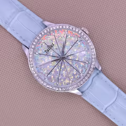 Shiny Glitter Bling Julius Lady Women's Watch Fashion Hours Bracelet Real Leather Girl's Birthday Gi