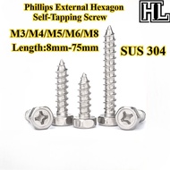 [HL-ZGLS] SUS304 Phillips External Hexagon Self-Tapping Screw M3/M4/M5/M6/M8 Cross External Hexagon 