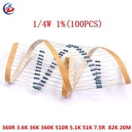 100PCS 1/4W 1% 7.5R 150R 680R 360R 3.6K 3.9K 5.1K 36K 360K 510R 51K 56K 62K 68K 82K 110K 120K 300K 1