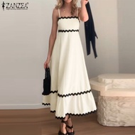 ZANZEA ชุดเดรสยาวคอเหลี่ยมสำหรับวันหยุดของผู้หญิงชุดเดรสแฟชั่นแต่งลูกไม้แขนกุดลายทางเย็บปะต่อกันชุดเ