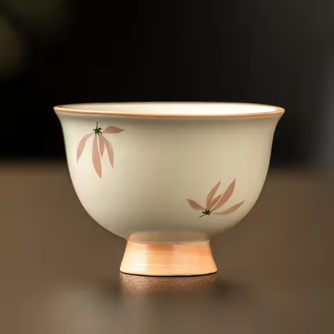 Mellow Yellow Glaze Ceramic Tea Cup with Orchid Design High Foot Personal Master Cup for Chinese Gon