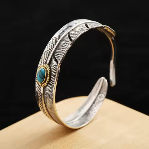 S925 Sterling Silver Feather Bangle Vintage Thai Silver Inlaid Turquoise Jewelry Adjusting Cuff Brac