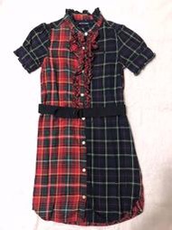 【低價出清】二手(女童)中國製 Polo Ralph Lauren 紅藍經典格紋繡馬荷葉學院風洋裝(含腰帶)-6~7Y