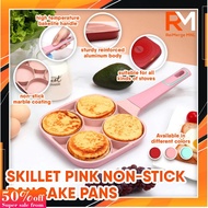 ♣4 Hole Fried Egg Burger Pan Non-stick Ham Pancake Maker Wooden Handle Suitable for All Stove (Pink)