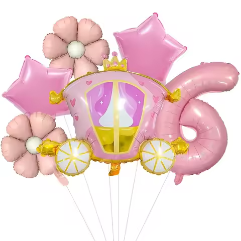 Dreamy Princess Theme 40inch Pink Number Foil Balloon Set Includes Pink Daisies, Stars, Princess Car