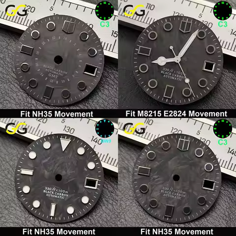 28.5mm Dial Green C3 BW9 Super Luminova Dial Carbon Fiber Surface FIT NH34 NH35 M8215 E2824 Movement