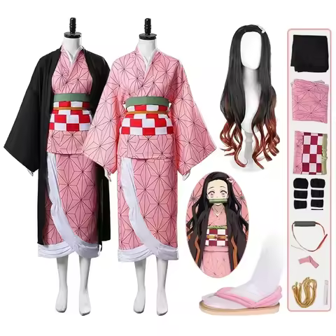 2026.Anime Kamado Nezuko Cosplay Costume Costumes Kimono Haori Wig Clogs Suit For Adult Children Hal