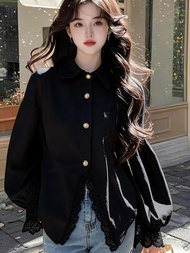 Top selling oversized 300 pound chubby girl lace patchwork polo collar shirt top for women