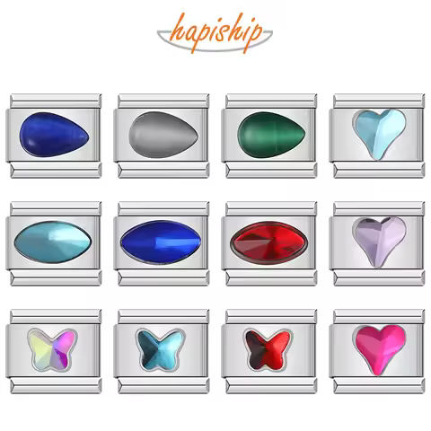 Hapiship 2025 Fashion Heart Elliptic Rectangle CZ Charm Italian Links Fit 9mm Bracelet Stainless Ste