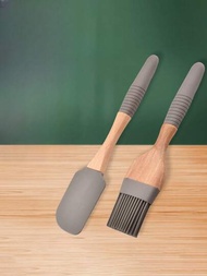2入組廚房烘焙工具油刷和刮板，用於蛋糕燒烤醬刷、木柄矽膠刮板