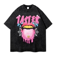 Creative Fun Big Tongue Printed T-Shirt Washed Street Wear Hip-Hop Loose Short-Sleeved T-Shirt Men S