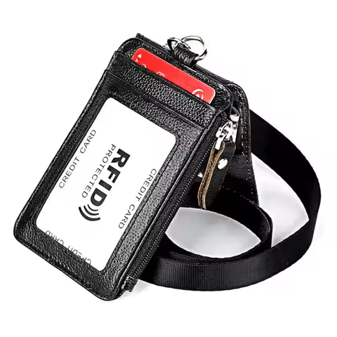 Nametag Genuine Leather Credential Holder With Zipper Working ID Holder Luxury Badge Lanyard Removab