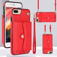 SLLMYYX Compatible with iPhone 7 Plus/iPhone 8 Plus Wallet Case with Crossbody Lanyard Strap, RFID Blocking Card Slots Holder and Wrist Strap Lanyard (Red)