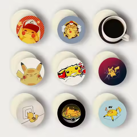 Cartoon P-Pikachu 2D Wooden Coasters Heat Resistant Non-Slip Home Office Bar Cafe Restaurant Holiday