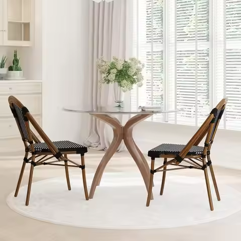 Black & White Woven PE Bistro Chair Bamboo Finish Aluminum Frame Indoor/Outdoor Set of 2, Customized