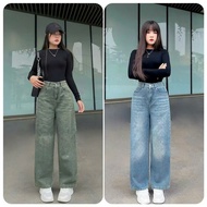 Straight pants, wide-leg jeans with front zip and elastic back 89-90cm [M76]